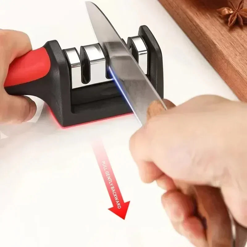 3-Afiador de facas segmentado, afiador de facas para facas de cozinha, pedra de afiar tripla em aço inoxidável para utensílios de cozinha.