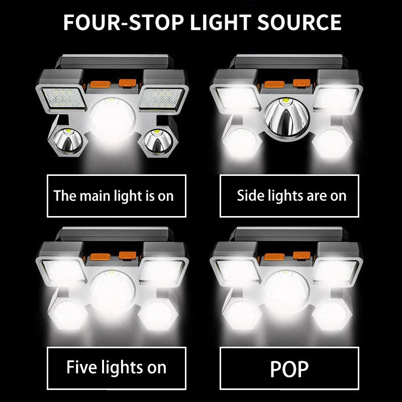 Lanterna de cabeça portátil recarregável via USB com 5 LEDs, bateria integrada, ideal para trabalho, pesca e camping.