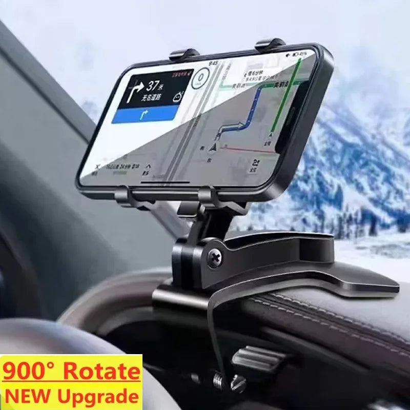 Suporte para celular no painel do carro, em ABS, para quebra-sol, com rotação de 360 graus, compatível com espelho retrovisor.