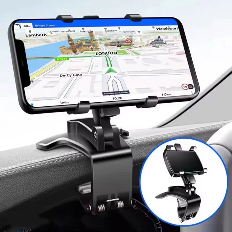 Suporte para celular no painel do carro, em ABS, para quebra-sol, com rotação de 360 graus, compatível com espelho retrovisor.