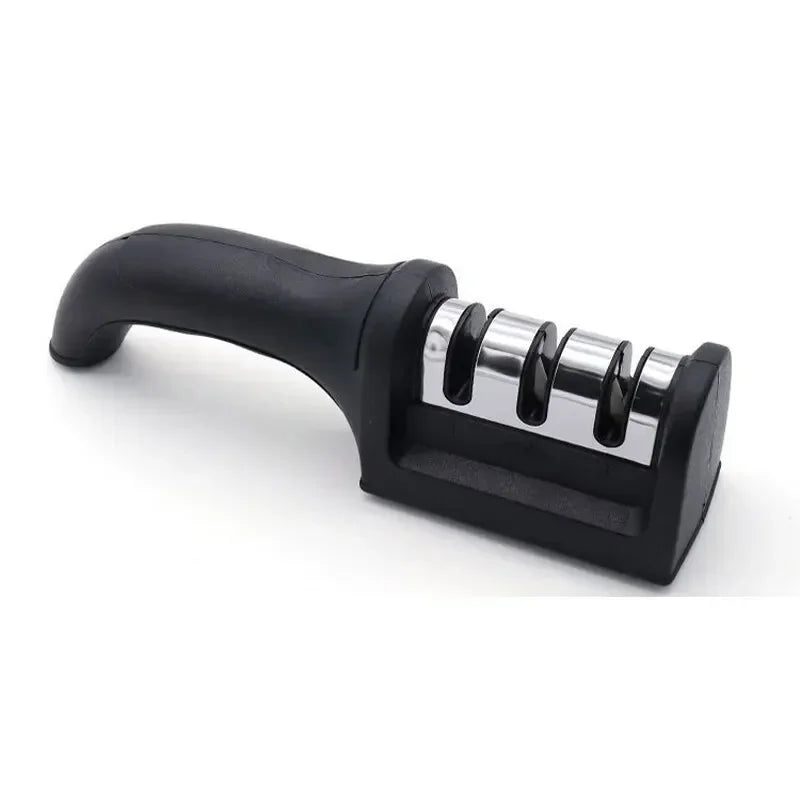 3-Afiador de facas segmentado, afiador de facas para facas de cozinha, pedra de afiar tripla em aço inoxidável para utensílios de cozinha.