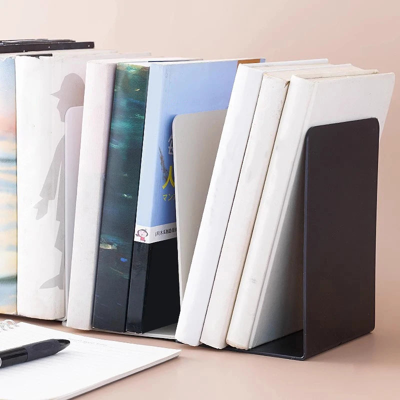 Organizador de mesa em formato de L, suporte para livros durável e elegante, estilo minimalista.