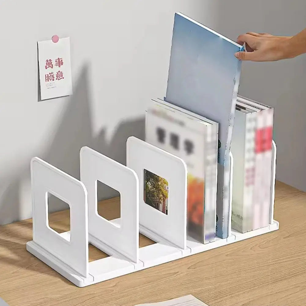 Organizador de livros com 4 compartimentos verticais, em plástico, para mesa, para guardar livros e arquivos.