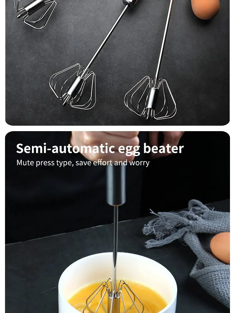 Batedor de aço inoxidável para cozinha, batedor giratório semiautomático com cabo em madeira de faia, batedeira manual G041