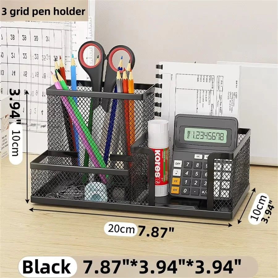Organizador de mesa em tela preta com porta-lápis e cestos de armazenamento, 3 compartimentos, organizador para materiais de escritório e acessórios de mesa.
