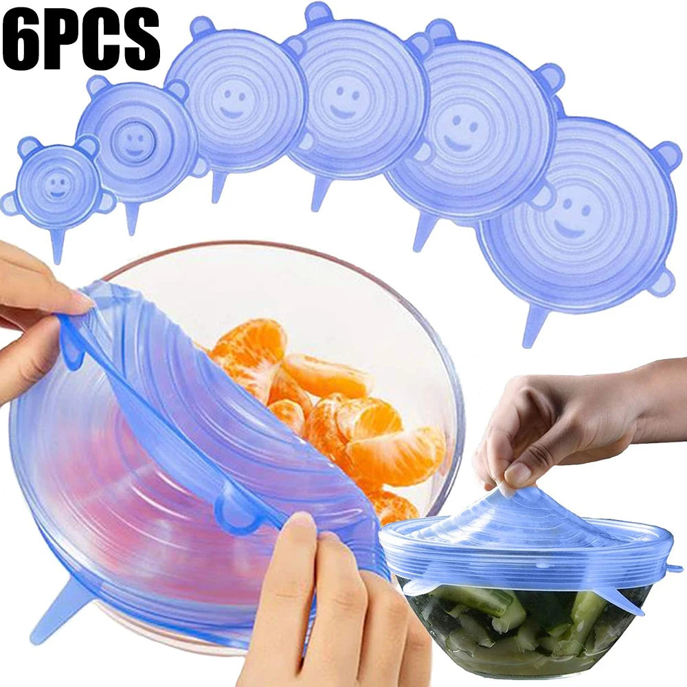 Conjunto de 6 Tampas de Silicone de Grau Alimentício Reutilizáveis e Herméticas para Conservação de Alimentos, Tampas Redondas Universais Elásticas para Acessórios de Cozinha
