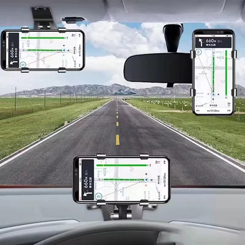 Suporte para celular no painel do carro, em ABS, para quebra-sol, com rotação de 360 graus, compatível com espelho retrovisor.
