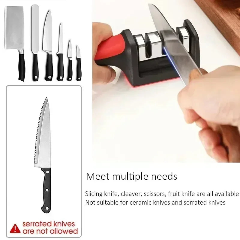 3-Afiador de facas segmentado, afiador de facas para facas de cozinha, pedra de afiar tripla em aço inoxidável para utensílios de cozinha.