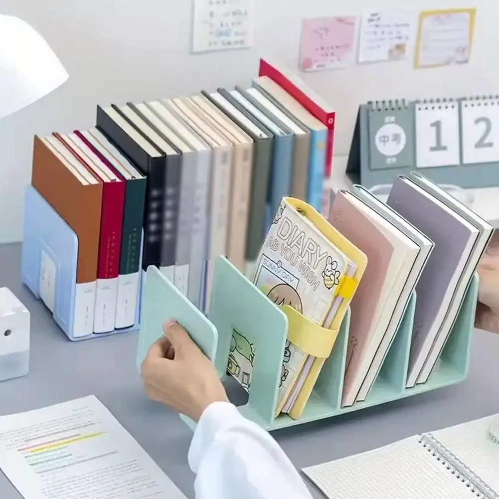 Organizador de livros com 4 compartimentos verticais, em plástico, para mesa, para guardar livros e arquivos.