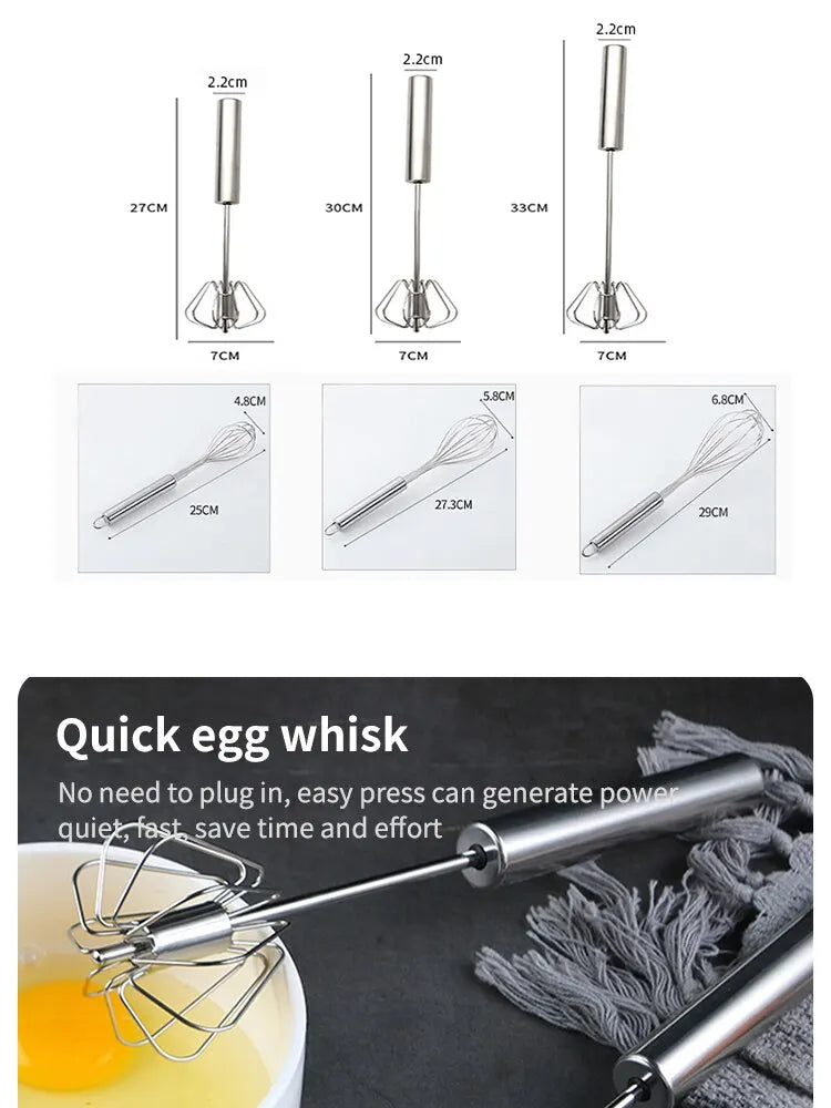 Batedor de aço inoxidável para cozinha, batedor giratório semiautomático com cabo em madeira de faia, batedeira manual G041