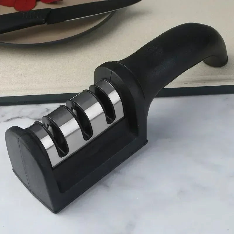 3-Afiador de facas segmentado, afiador de facas para facas de cozinha, pedra de afiar tripla em aço inoxidável para utensílios de cozinha.