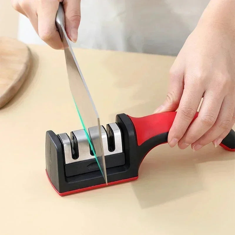 3-Afiador de facas segmentado, afiador de facas para facas de cozinha, pedra de afiar tripla em aço inoxidável para utensílios de cozinha.