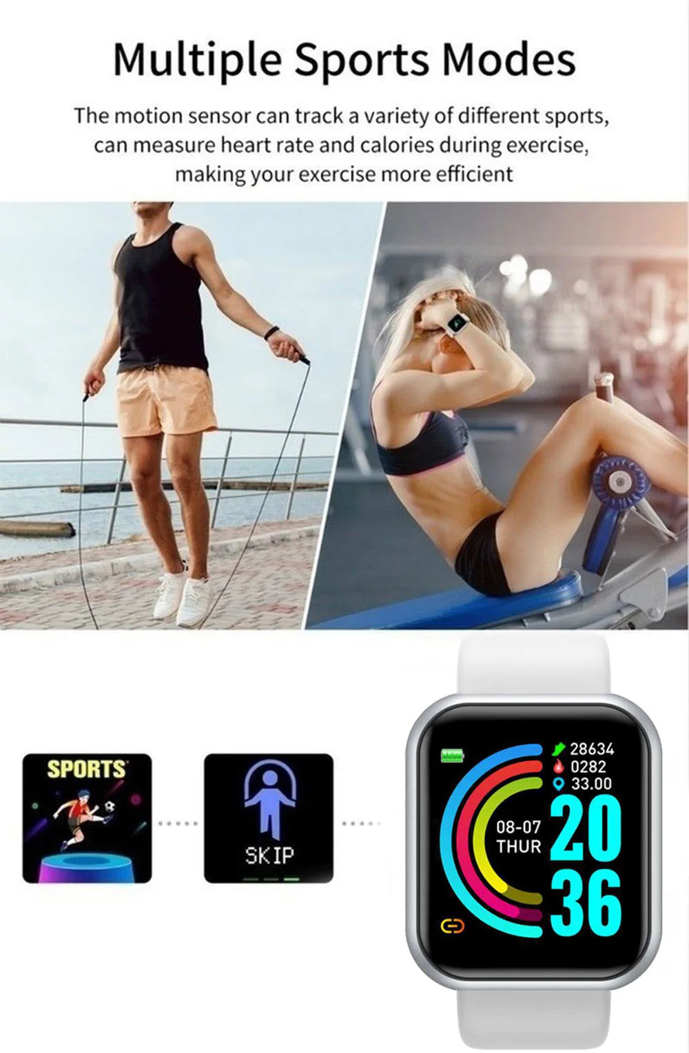 Relógio inteligente unissex com conexão Bluetooth, reprodutor de música para celular, pulseira esportiva para atividades físicas e monitoramento do sono.