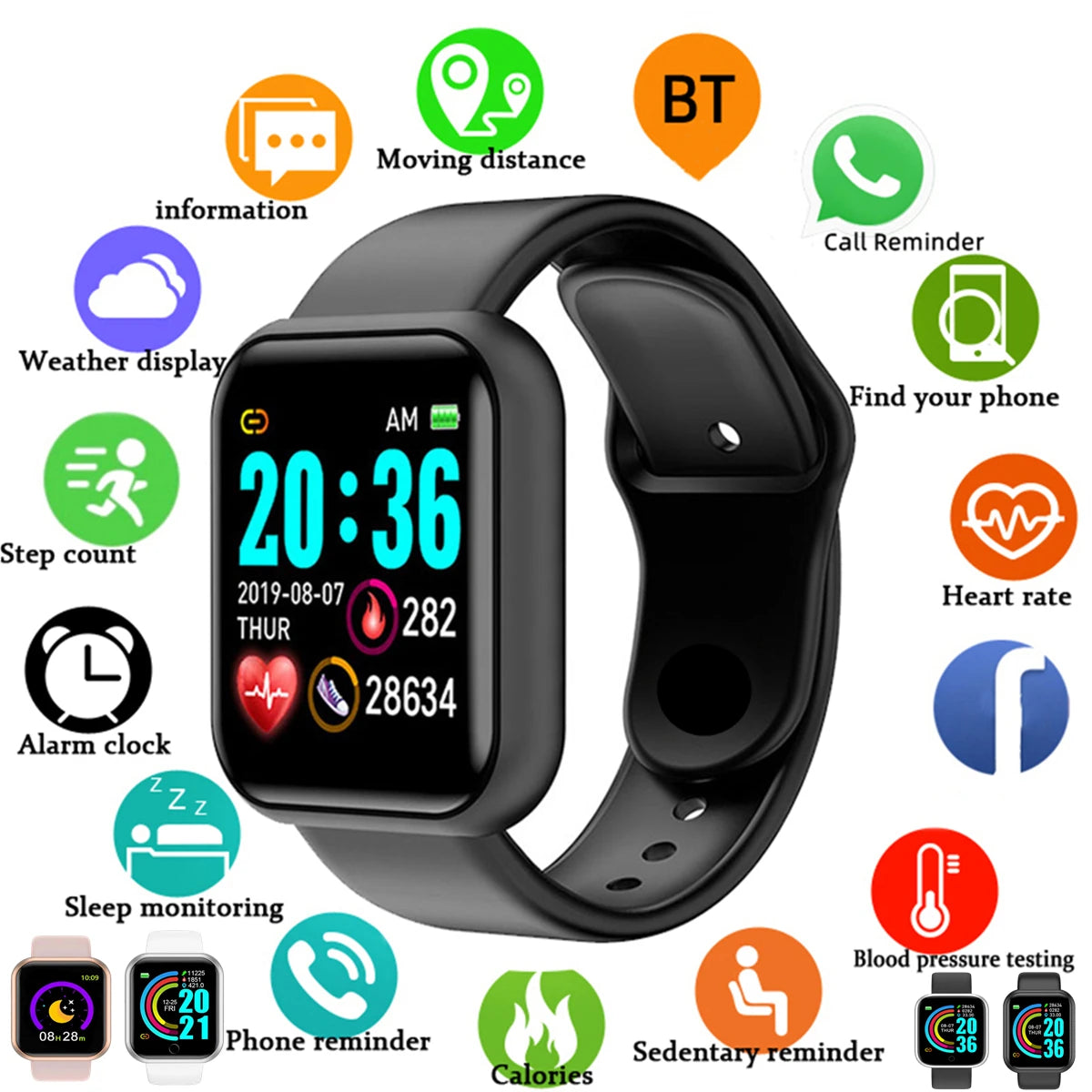 Smartwatch unissex com controle de música, Bluetooth, monitor de calorias e atividades físicas, rastreador de corrida e pulseira esportiva para Android e iOS.