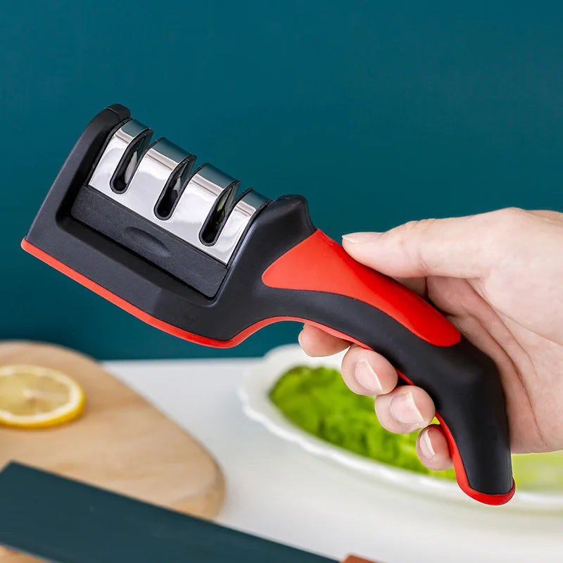 3-Afiador de facas segmentado, afiador de facas para facas de cozinha, pedra de afiar tripla em aço inoxidável para utensílios de cozinha.