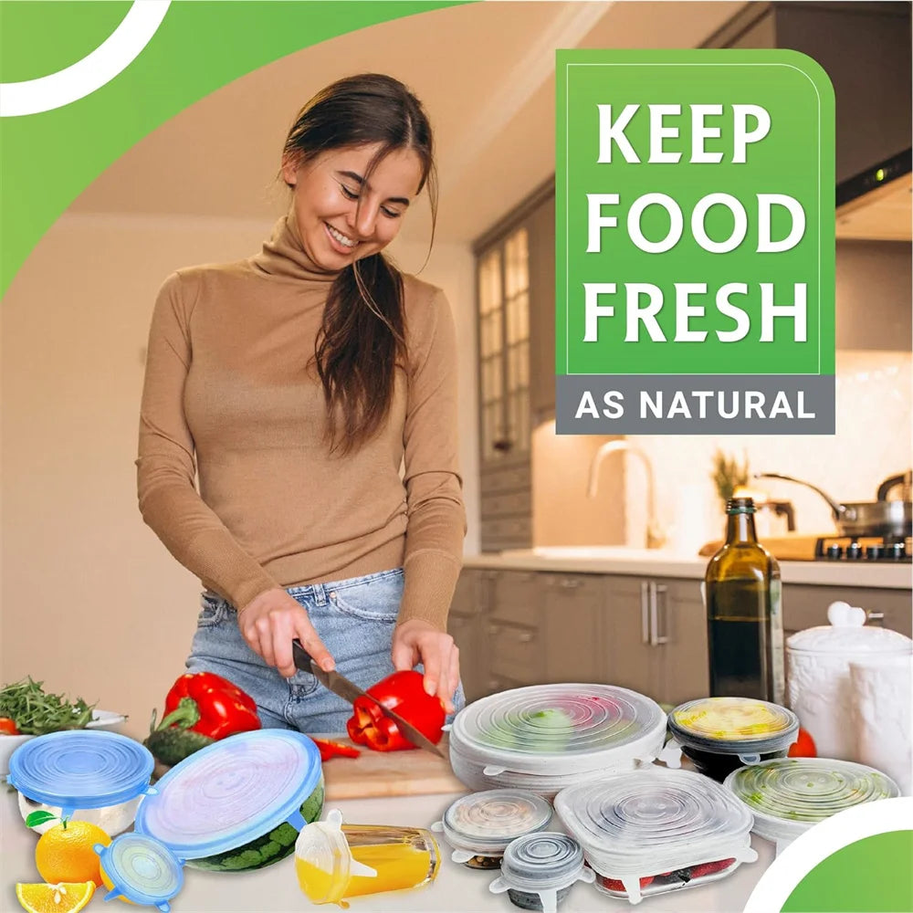 Conjunto de 6 Tampas de Silicone de Grau Alimentício Reutilizáveis e Herméticas para Conservação de Alimentos, Tampas Redondas Universais Elásticas para Acessórios de Cozinha