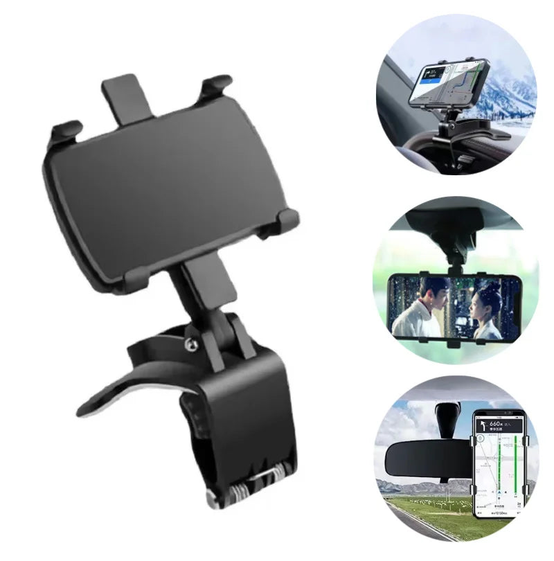 Suporte para celular no painel do carro, em ABS, para quebra-sol, com rotação de 360 graus, compatível com espelho retrovisor.