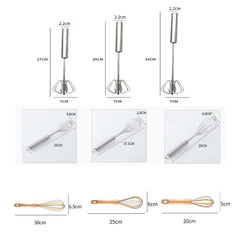 Batedor de aço inoxidável para cozinha, batedor giratório semiautomático com cabo em madeira de faia, batedeira manual G041