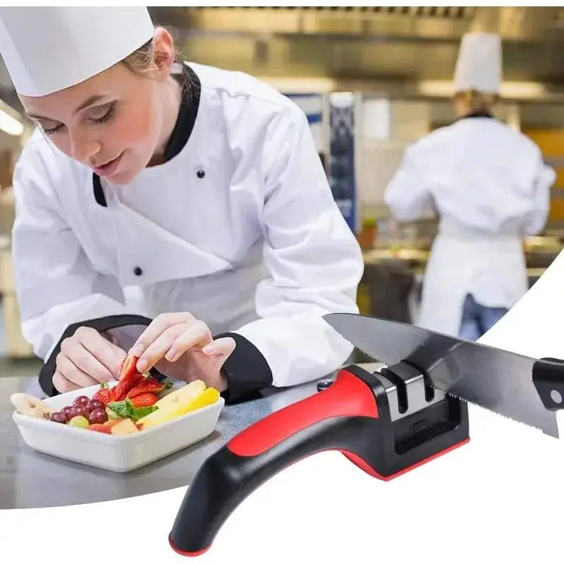 3-Afiador de facas segmentado, afiador de facas para facas de cozinha, pedra de afiar tripla em aço inoxidável para utensílios de cozinha.