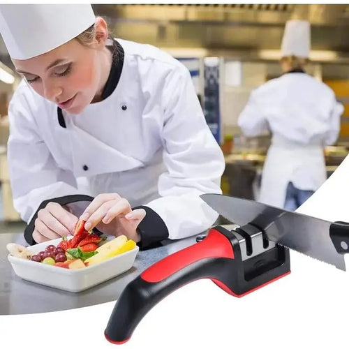 3-Afiador de facas segmentado, afiador de facas para facas de cozinha, pedra de afiar tripla em aço inoxidável para utensílios de cozinha.