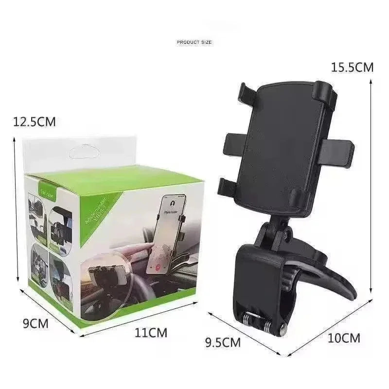 Suporte para celular no painel do carro, em ABS, para quebra-sol, com rotação de 360 graus, compatível com espelho retrovisor.