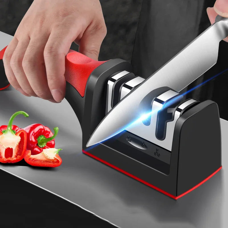 3-Afiador de facas segmentado, afiador de facas para facas de cozinha, pedra de afiar tripla em aço inoxidável para utensílios de cozinha.