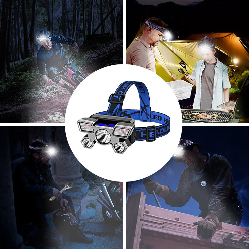 Lanterna de cabeça portátil recarregável via USB com 5 LEDs, bateria integrada, ideal para trabalho, pesca e camping.