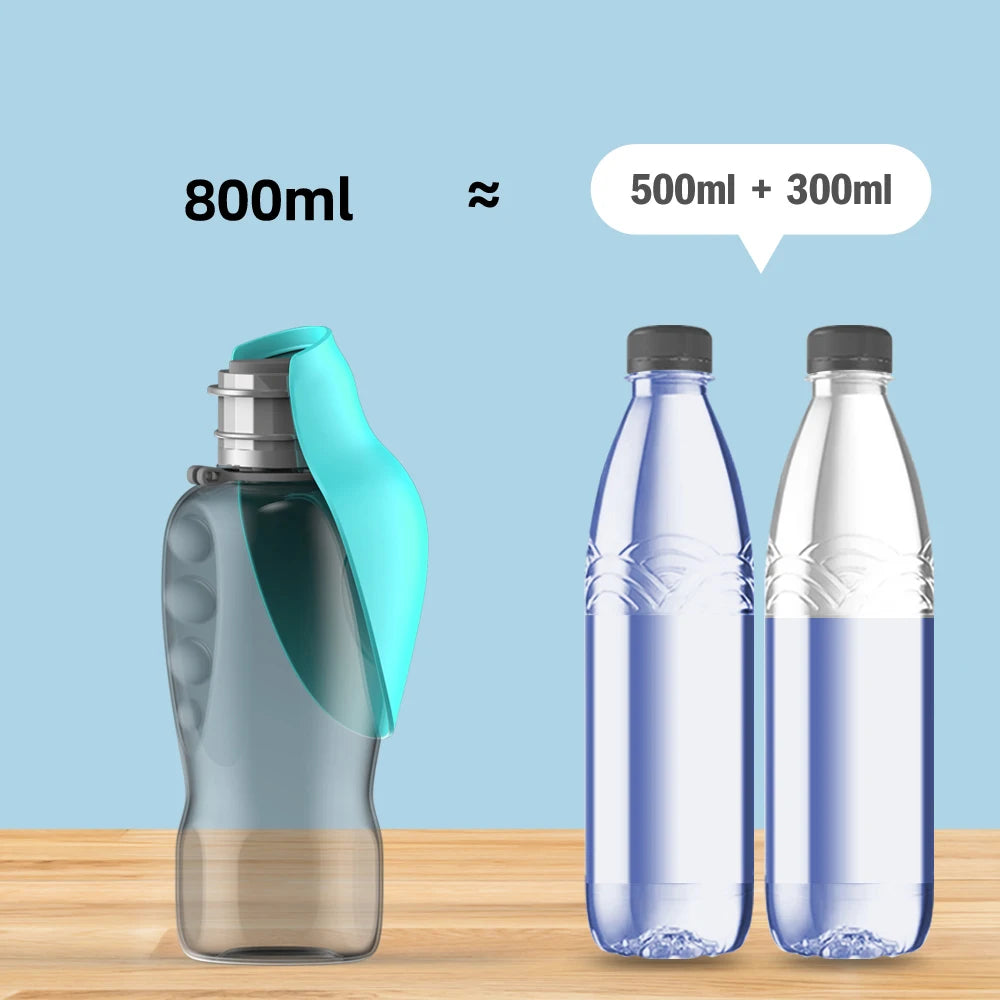 Garrafa de água portátil de 800ml para cães de pequeno, médio e grande porte, ideal para viagens e atividades ao ar livre. Também serve como comedouro e bebedouro para filhotes e gatos, além de acessórios para labradores.