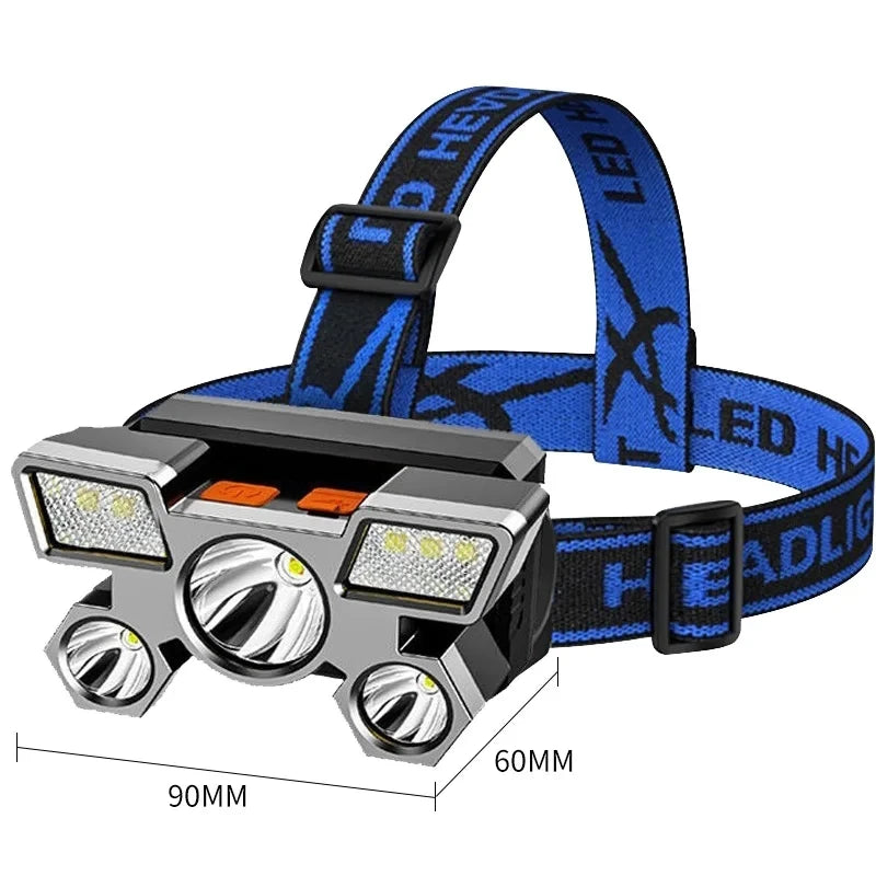 Lanterna de cabeça portátil recarregável via USB com 5 LEDs, bateria integrada, ideal para trabalho, pesca e camping.