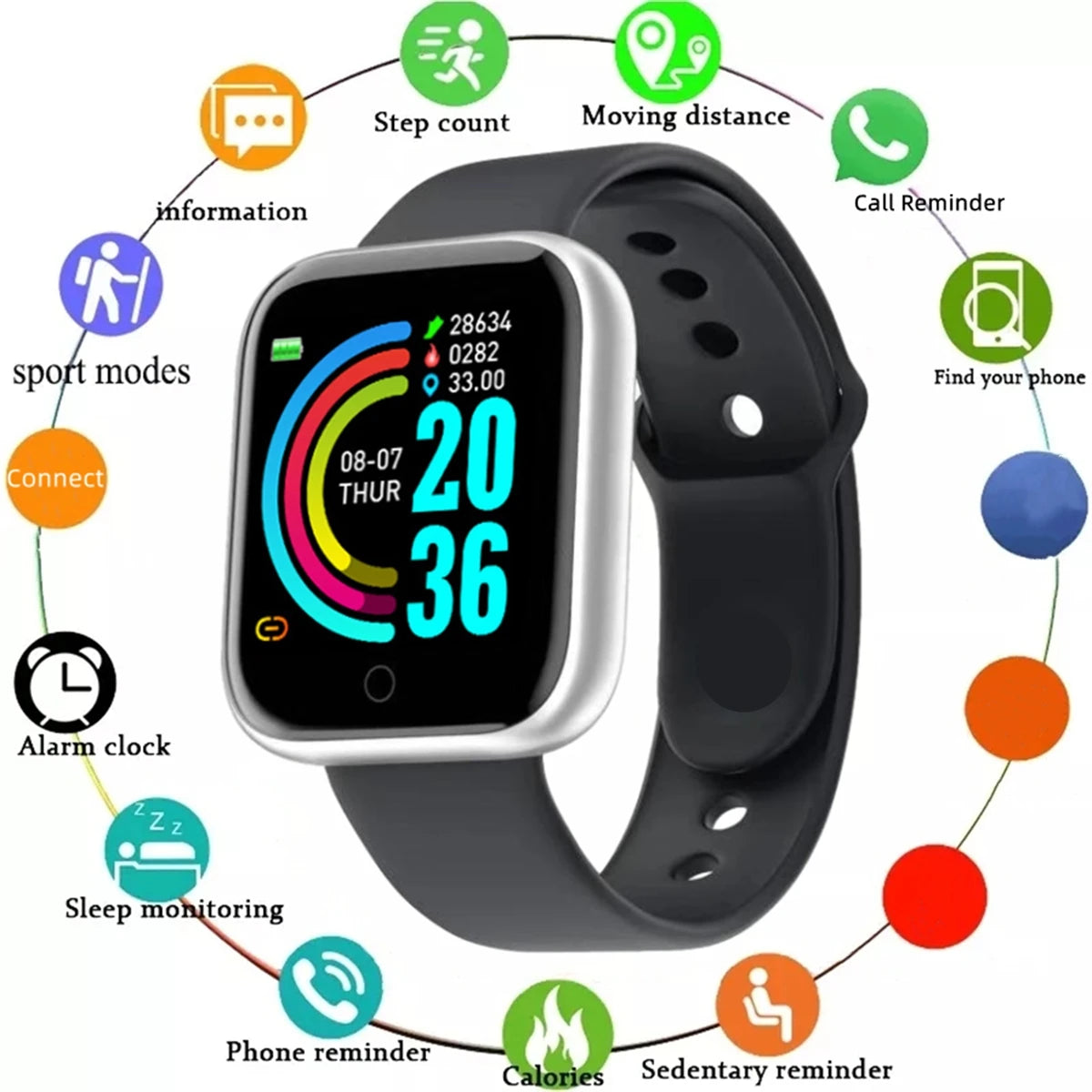 Relógio inteligente masculino e feminino, relógio de pulso inteligente com monitor de atividades físicas e mensagens, pulseira inteligente, presente de aniversário, relógio eletrônico para Android e iOS.