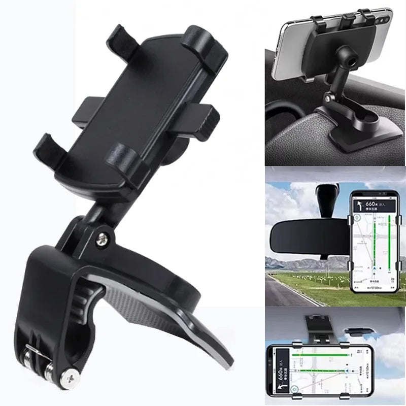 Suporte para celular no painel do carro, em ABS, para quebra-sol, com rotação de 360 graus, compatível com espelho retrovisor.