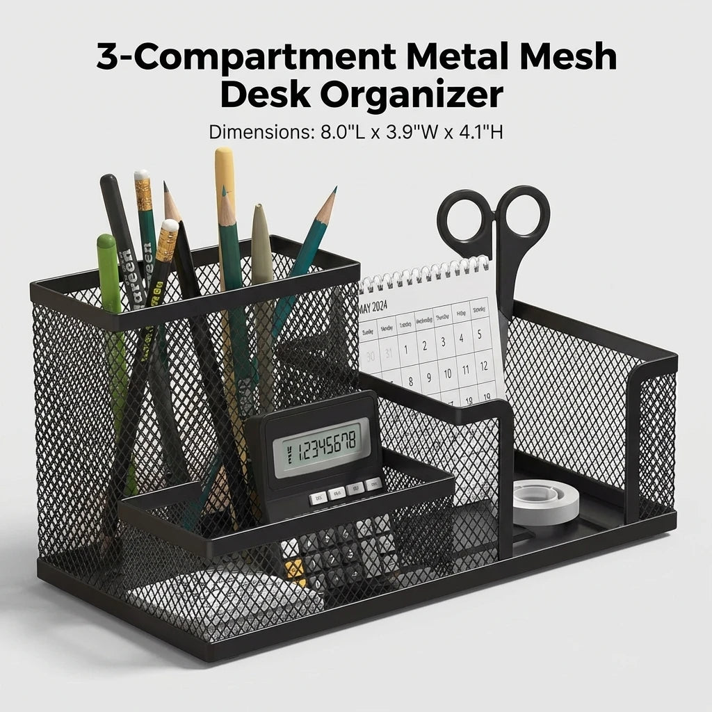 Organizador de mesa em tela preta com porta-lápis e cestos de armazenamento, 3 compartimentos, organizador para materiais de escritório e acessórios de mesa.