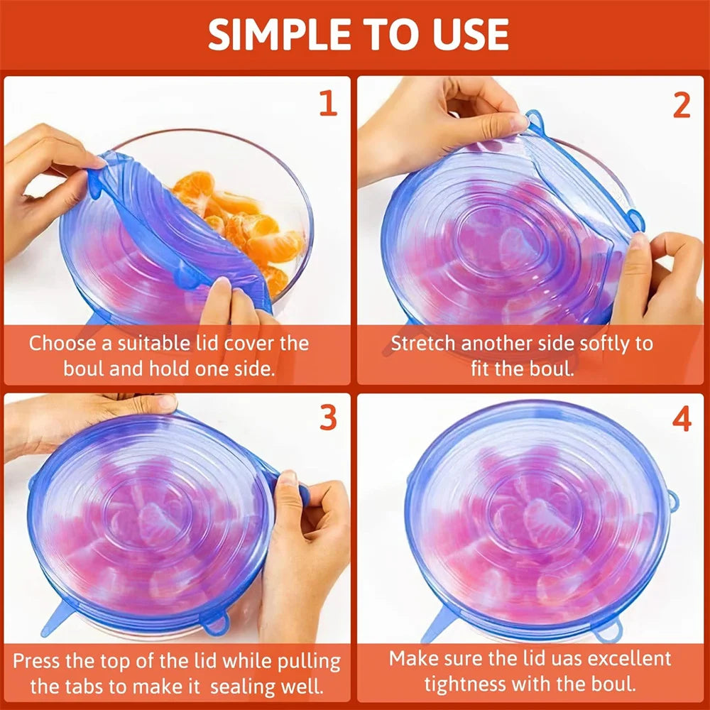 Conjunto de 6 Tampas de Silicone de Grau Alimentício Reutilizáveis e Herméticas para Conservação de Alimentos, Tampas Redondas Universais Elásticas para Acessórios de Cozinha